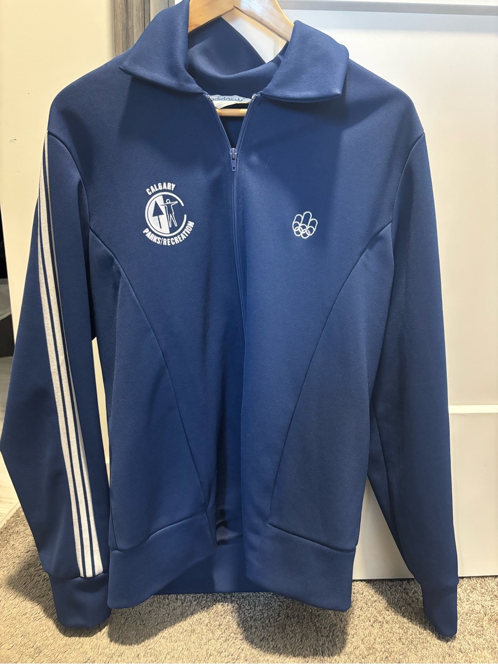 Adidas authentic 1988 Calgary Olympic Navy Blue Track Jacket with White Stripes